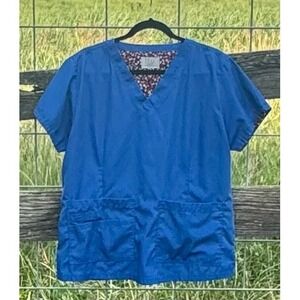 Beverly Hills‎ Uniforms Royal Blue V-Neck Scrub Top Large Floral Trim Pockets